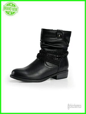 Women's Mid Calf Boot Round Toe Faux Leather Slouchy Bootie Side Zip